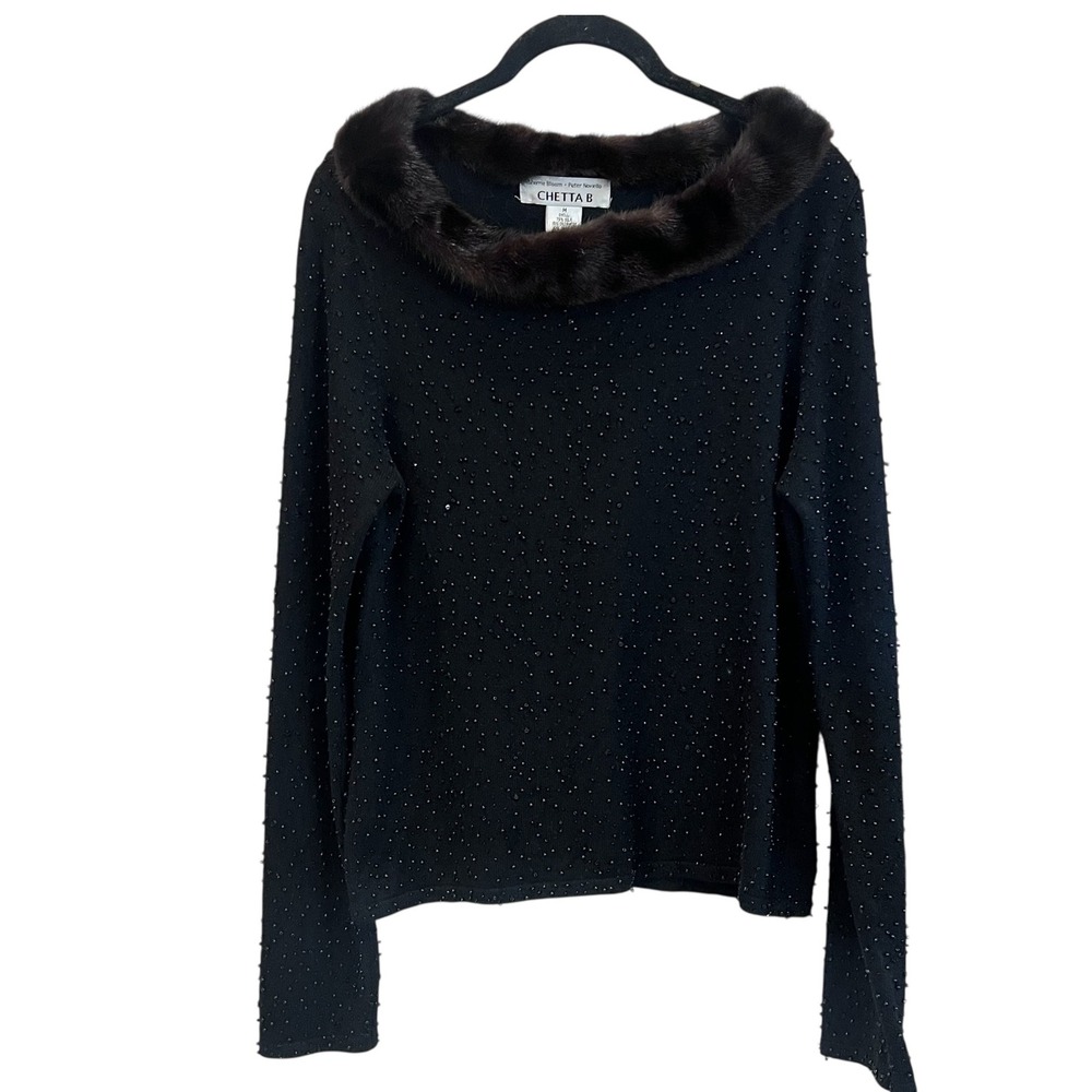 Chetta B Black Silk Cashmere Beaded Sweater Mink‎ Collar Evening Wear Medium